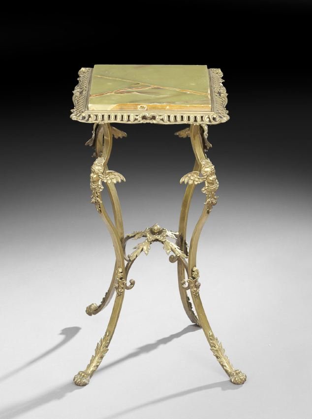 Belle Epoch Brass and Onyx Stand: Belle Epoch Brass and Onyx Stand, ca. 1900, h. 31", w. 15", d. 15".