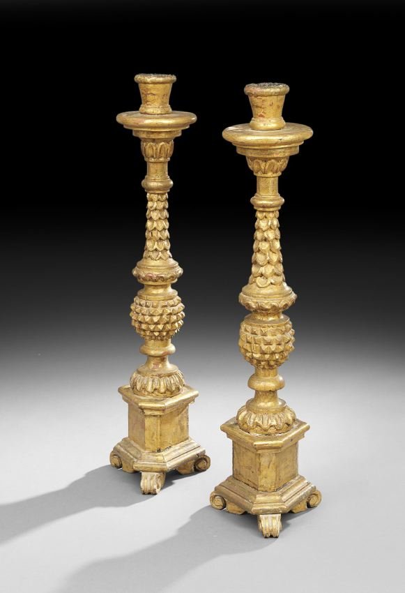 Pair of Giltwood Altar Sticks: Pair of Giltwood Altar Sticks in the Restauration Taste, h. 39", dia. 7-1/2".