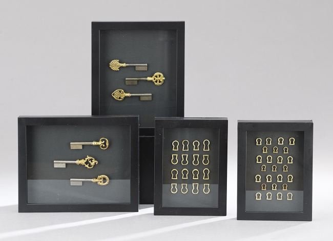 Group of Four Shadowboxes: Group of Four Shadowboxes, two displaying brass keyhole escutcheons in assorted sizes and two displaying various keys, h. 8" to 10", w. 6" to 8".