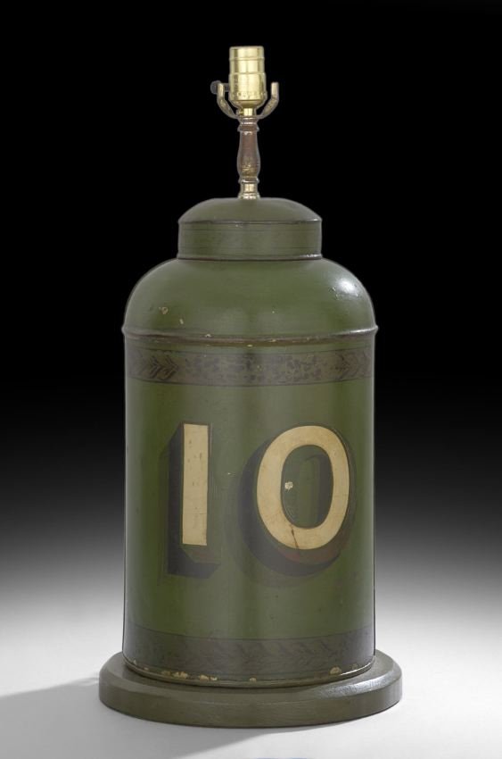 English Victorian Tole Tea Caddy: Victorian Tole Tea Caddy, fourth quarter 19th century, now mounted as a lamp on a wooden base, the caddy marked "10" between black borders of vines and anthemia, h. 25", dia. 11-1/4".
