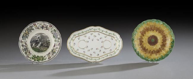 Three-Piece Group of Assorted Pottery: Three-Piece Group of Assorted Pottery, fourth quarter 19th century, comprised of a Wedgwood majolica plate, dia. 8-1/2"; a transfer-printed earthenware plate, dia. 8-1/4"; and a German jam pot stand,