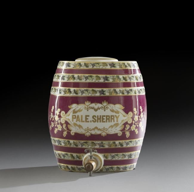 Victorian Porcelain Sherry Casket: Victorian Porcelain Sherry Casket, fourth quarter 19th century, fitted with the original cover and the wooden and pewter top, marked by Sanders and Sons, 473 Oxford Street, London, h. 11-1-4", w. 8-1/