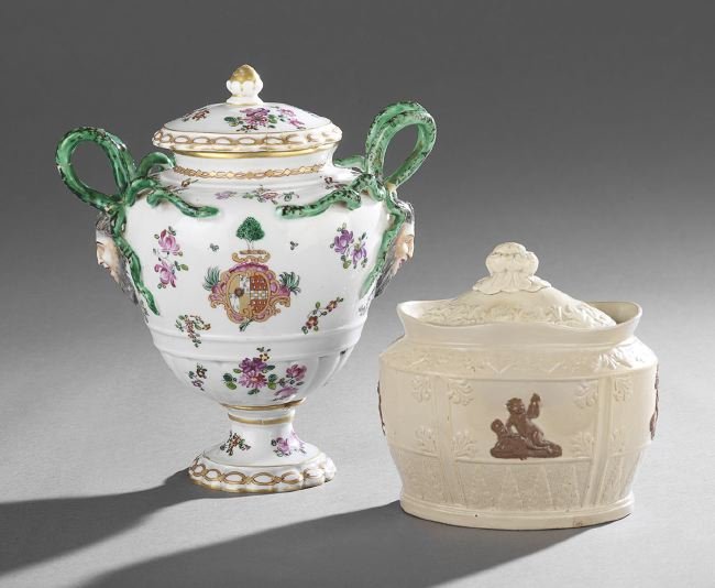 Two-Piece Group of Porcelain: Two-Piece Group of Porcelain, consisting of a French Samson covered urn, second quarter 20th century, h. 8-1/2", dia. 6"; and an English pearlware sugar basin, ca. 1800, h. 5", w. 6", d. 3-3/4".