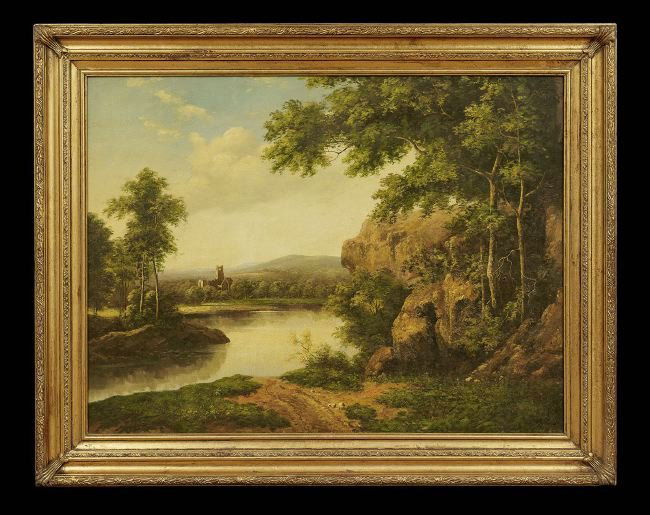 British School (Fourth Quarter 20th Century): British School (Fourth Quarter 20th Century), "Wooded Landscape with a View of an Abbey", oil on canvas, unsigned, 36" x 48". Framed.