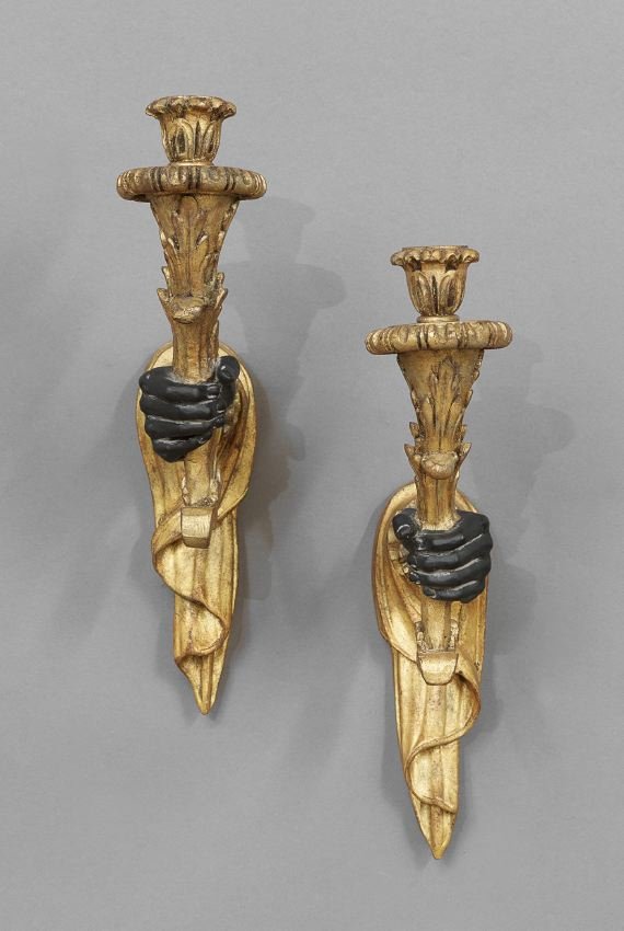 Pair of Gilt and Ebonized Sconces-in-Hand: Pair of Gilt and Ebonized Composition Single-Light Sconces-in-Hand, h. 19", w. 3-1/2", d. 12".