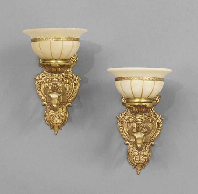 Pair of Spanish Baroque-Style Gilt-Metal Sconces: Pair of Spanish Baroque-Style Gilt-Metal Sconces, employing caryatid supports and fitted with alabaster shades, h. 11-1/4", w. 7-1/4", d. 9".