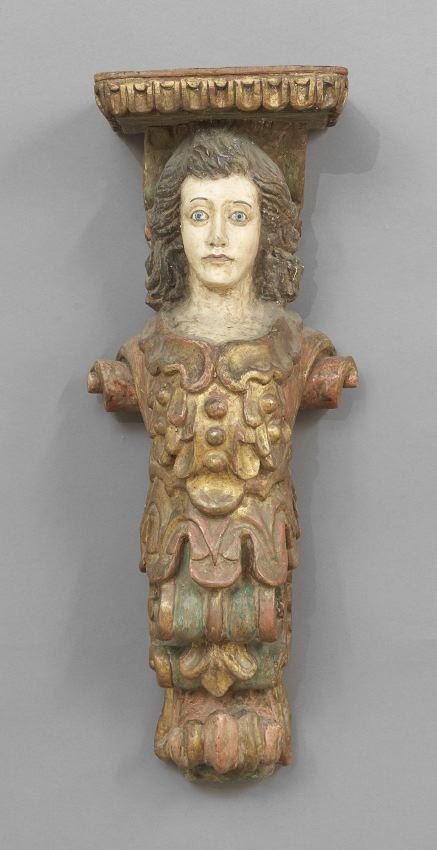 Baroque-Style Polychrome-Decorated Bracket: Baroque-Style Carved, Parcel-Gilt and Polychrome-Decorated Bracket, the shelf supported by a caryatid head, h. 36-1/2", w. 13-1/4", d. 9-3/4".