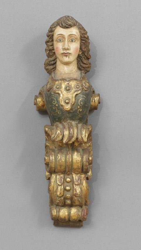 Baroque-Style Caryatid-Form Wall Bracket: Baroque-Style Polychrome and Parcel-Gilt Caryatid-Form Wall Bracket, h. 25-3/4".