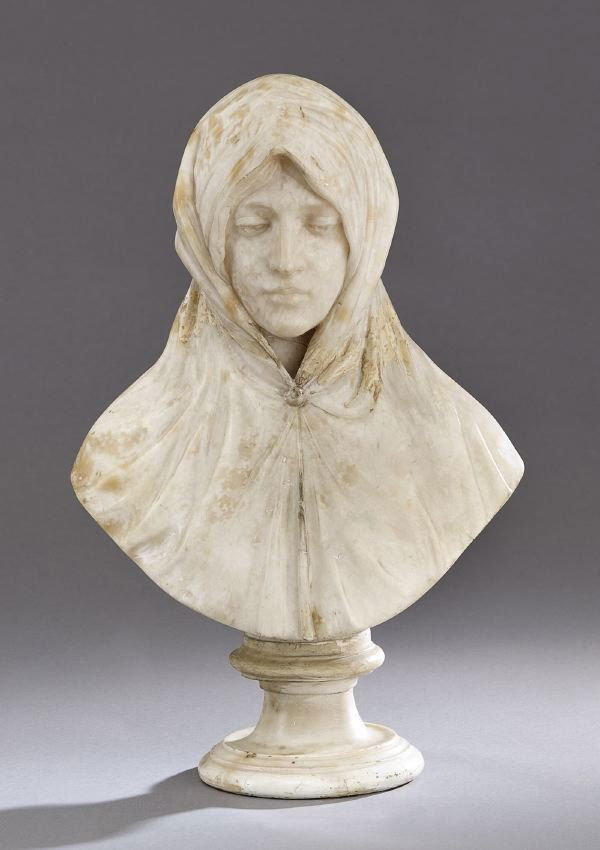 Carved Alabaster Bust of a Young Woman: Carved Alabaster Bust of a Young Woman, ca. 1900, probably Italian, signed "Rossini", h. 23-1/2", w. 15-1/2", d. 7-1/2".