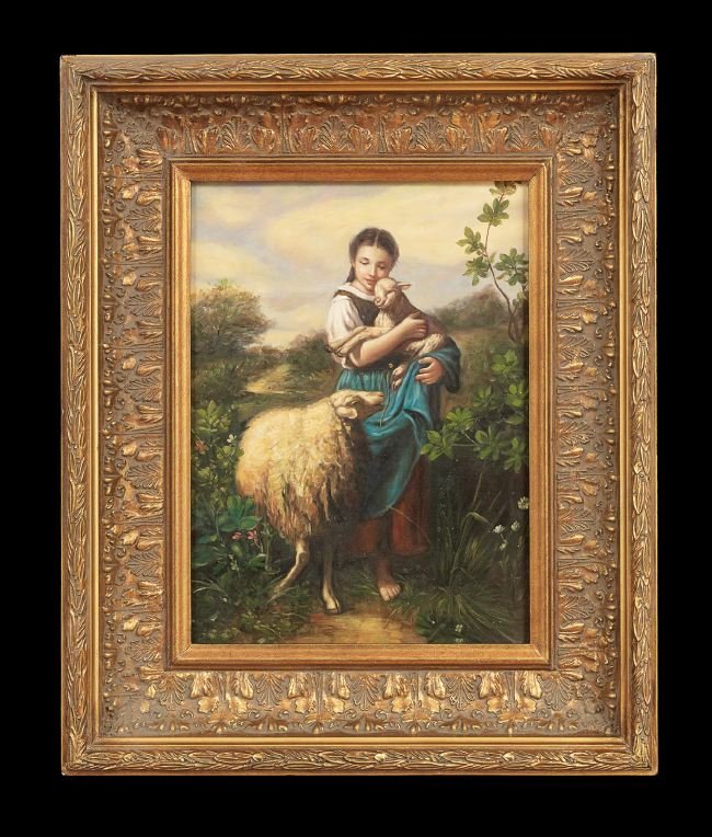 Continental School (Contemporary): Continental School (Contemporary), after William-Adolphe Bouguereau (French, 1825-1905), "Girl with a Lamb", oil on wood panel, unsigned, 15-5/8" x 12". Framed.