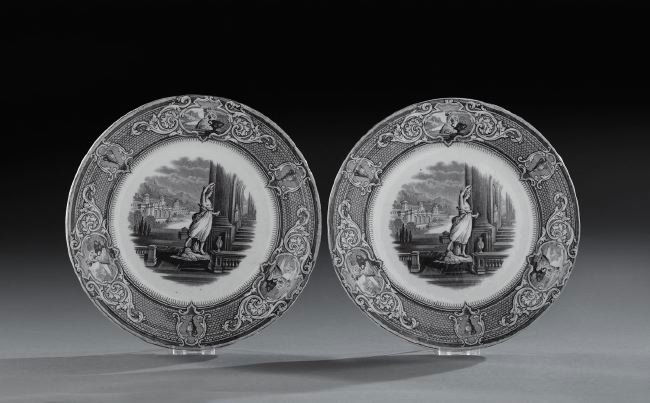 Pair of English Mulberry Ironstone Plates: Pair of English Mulberry Ironstone Plates, mid-19th century, in the "Sydenham" pattern, signed by J. Clementson, dia. 9-1/2".