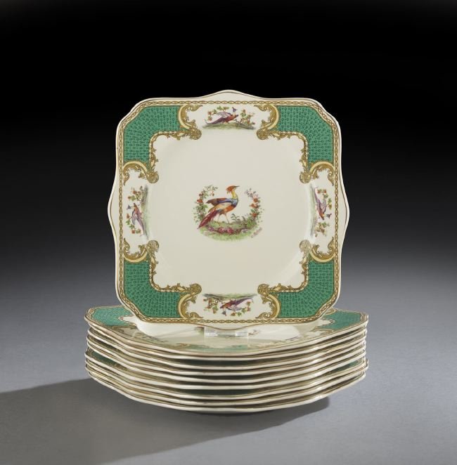 Set of Ten Staffordshire Pottery Luncheon Plates: Set of Ten Staffordshire Pottery Luncheon Plates, second quarter 20th century, signed "Myott, Staffordshire", and artist signed "A. Robert", w. 8-1/2", d. 8-1/2".