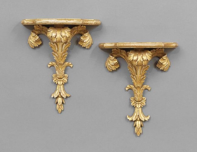 Pair of Gilded Composition Brackets: Pair of Italian Regency-Style Gilded Composition Brackets, h. 16", w. 12", d. 7".