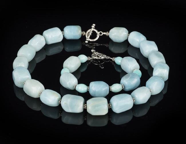 Amazonite and Silver Necklace and Bracelet Set: Amazonite and Silver Necklace and Bracelet Set, each finished with sterling silver toggle clasps, necklace, l. 18", bracelet, l. 8-1/2".