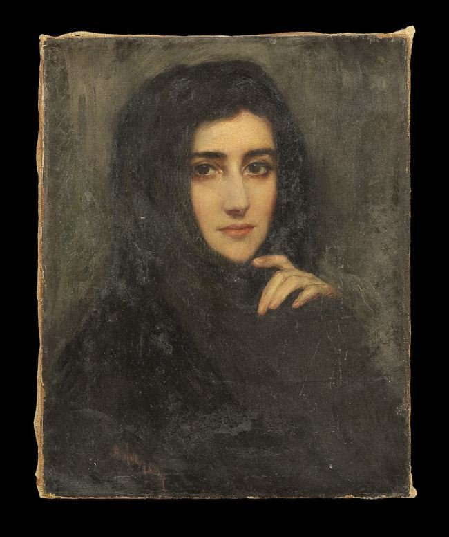 Continental School (Fourth Quarter 19th Century): Continental School (Fourth Quarter 19th Century), "Portrait of an Italian Beauty in Black", oil on canvas, signed illegibly lower left, 20" x 16". Unframed.