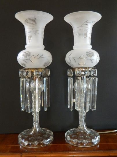 Pair of Brilliant Period Cut Glass Table Lamps: Pair of Brilliant Period Cut Glass Table Lamps, first quarter 20th century, attributed to Pairpoint, Sagamore, Massachusetts, the standards cut with bull's eyes and palmettes, and supporting silverpla