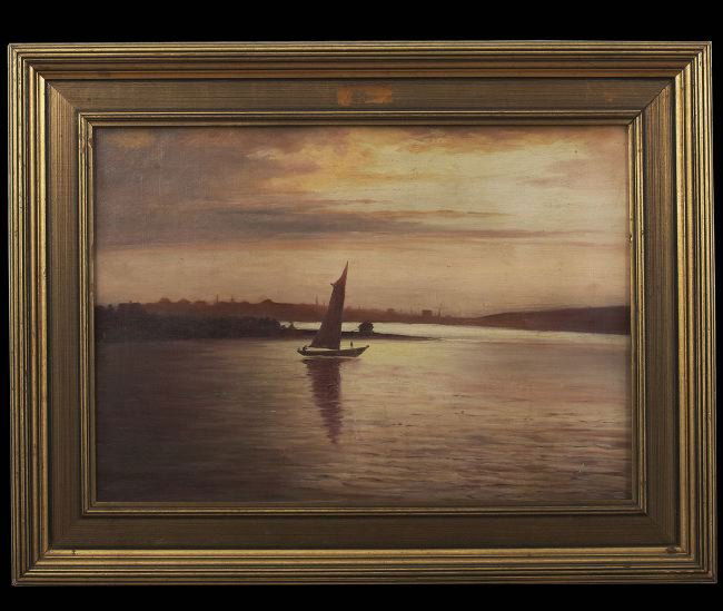 American School (First Quarter 20th Century): American School (First Quarter 20th Century), "Sunset Sail", oil on canvas, unsigned, 14" x 20". Presented in a molded giltwood frame.