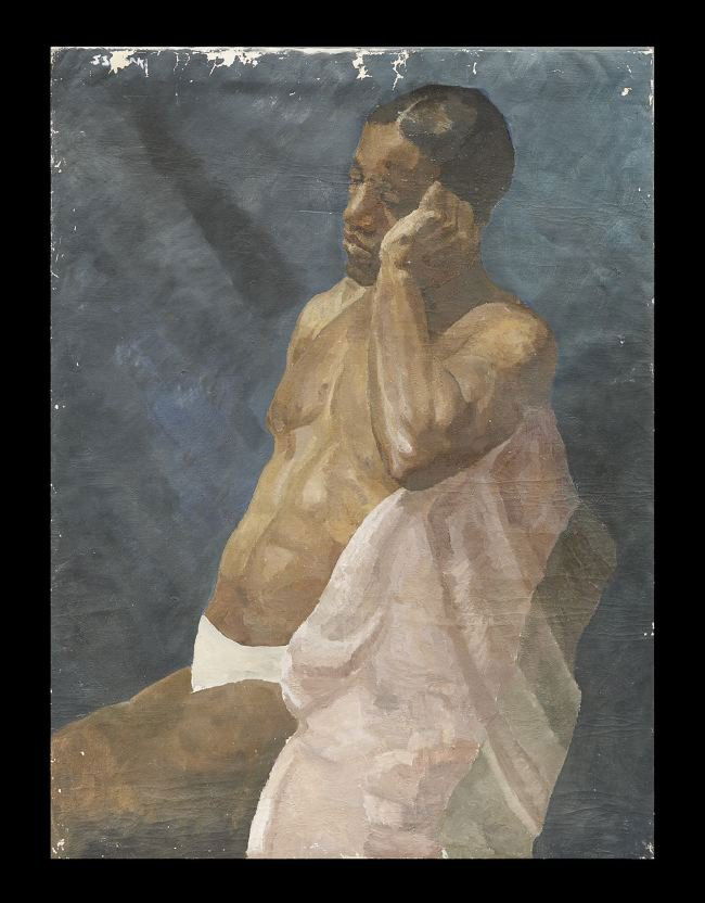 American School (20th Century): American School (20th Century), "The Boxer Jack Johnson", oil on canvas, illegibly signed, 38" x 28". Unframed.