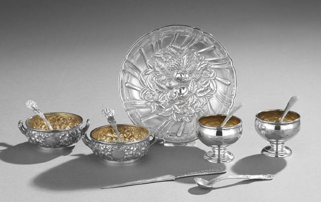 11 Pcs. of S. Kirk and Other Sterling Tableware: Eleven Pieces of Samuel Kirk & Son and Other Sterling Silver Tableware, first half 20th century, including a pair of Kirk footed cauldron salts, dia. 2-1/4", and matching spoons, l. 3-1/4"; a Kirk bal