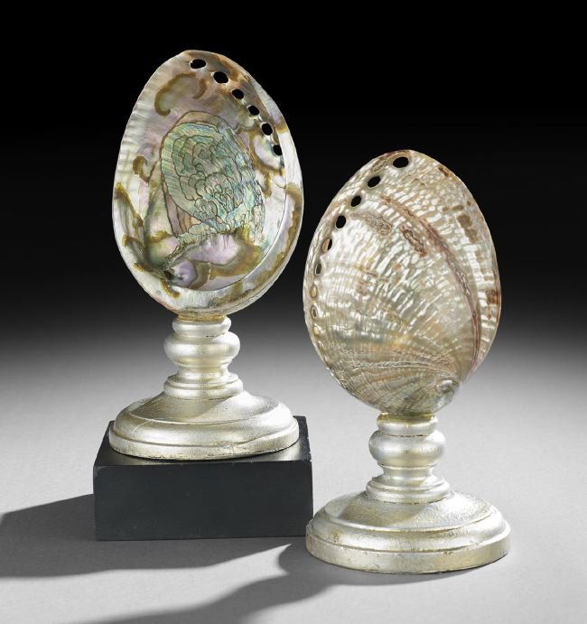 Pair of Abalone Shell Garnitures: Pair of Abalone Shell Garnitures, the shells with beautiful iridescence and luster, set on silver-leafed stands, h. 9".