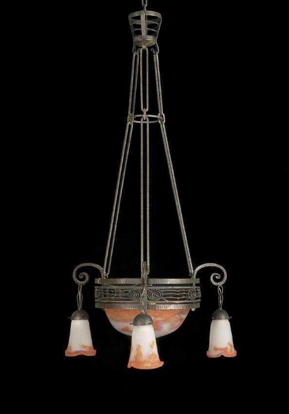 French Art Deco-Style Art Glass Chandelier: French Art Deco-Style Iron and Art Glass Four-Light Chandelier, the primary shade signed "Muller Freres, Luneville", h. 36", dia. 23".