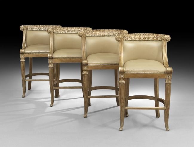 Suite of Four Polychromed and Argente Stools: Suite of Four Polychromed and Argente Stools, of Italian neoclassical inspiration and counter height, h. 42", w. 23", d. 19", seat, h. 30".
