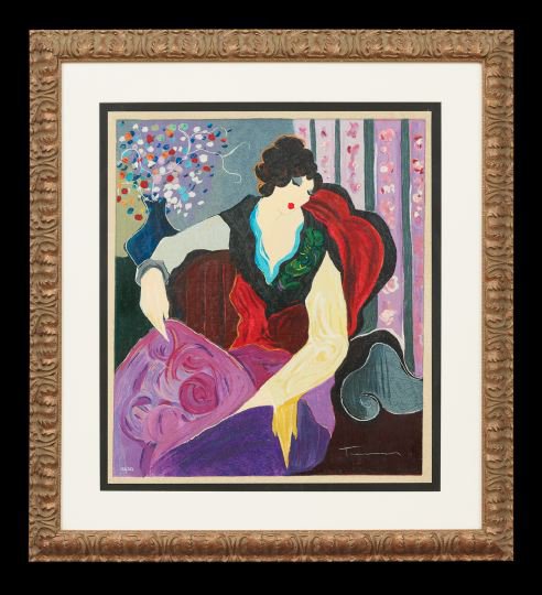 Itzchak Tarkay (Israeli, b. 1935): Itzchak Tarkay (Israeli, b. 1935), "Untitled, Seated Woman", color serigraph, signed in plate lower right, numbered lower left "131/350", 26" x 22-1/2". Glazed, attractively matted and framed.