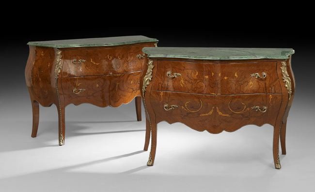 Pair of Louis XV-Style Marble-Top Commodes: Pair of Louis XV-Style Marble-Top Commodes, marquetry inlaid and ormolu mounted, h. 34", w. 48", d. 18".