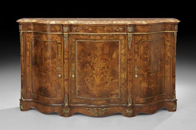 Dutch Neoclassical-Style Credenza: Dutch Neoclassical-Style Ormolu-Mounted, Polychromed and Inlaid Credenza, of serpentine form and having a faux rouge royal marble top, h. 43-1/2", w. 74", d. 18".