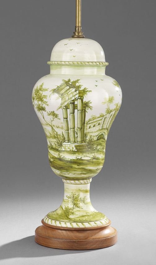 Louis XVI-Style Faience Urn: Louis XVI-Style Faience Urn, hand-painted with neoclassical ruins, now mounted as a lamp on a turned wooden base, urn, h. 19-1/4", overall, h. 32".