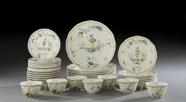 French Faience-Style Partial Dinner Service: French Faience-Style Hand-Painted Partial Dinner Service, 20th century, comprised of eight dinner plates, dia. 10", eight salad plates, dia. 7-3/4", eight bread and butter plates, dia. 6", eight sauce
