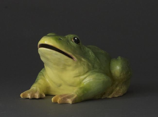 Delphin Massier Majolica Frog: Delphin Massier Majolica Frog, ca. 1900, French, with a painted, underglazed brown mark "Delphin Massier. Vallauris (H.M.), h. 6-3/4", w. 8-1/2", l. 13-1/4".