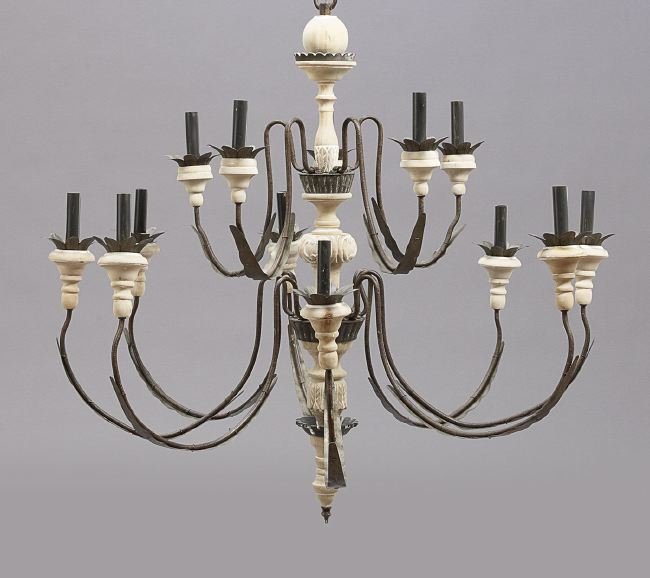 Tole and Lime Wood Two-Tier Chandelier: Tole and Limed Wood Two-Tier, Twelve-Light Chandelier, of classical inspiration, h. 40", dia. 39".