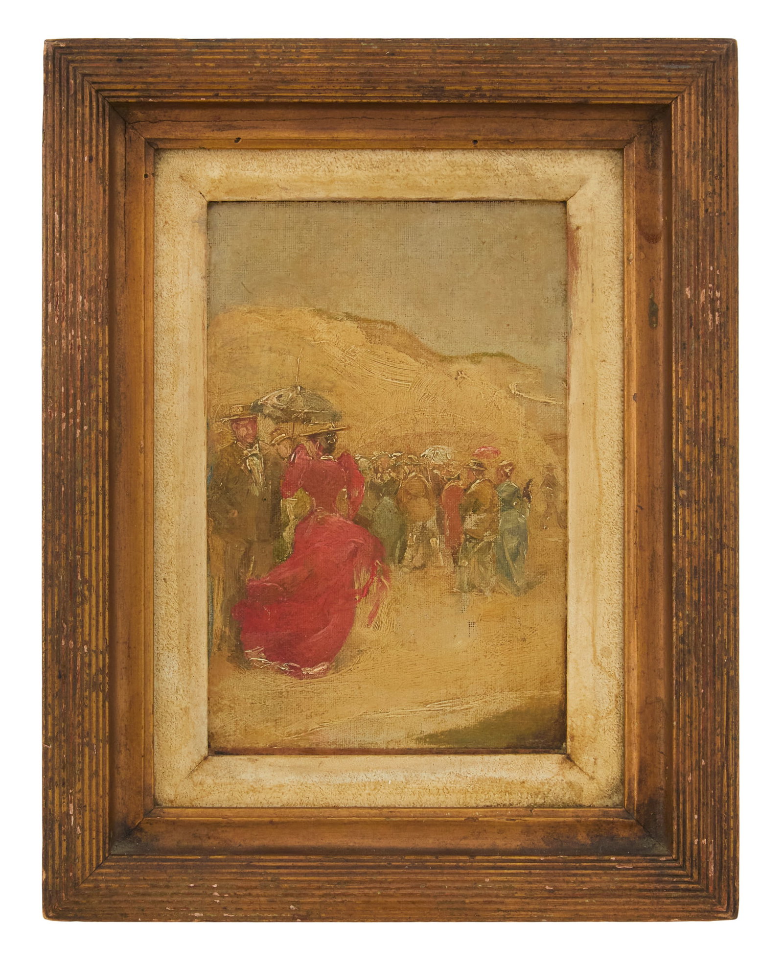 American School (19th Century): American School 19th Century "Afternoon Promenade" oil on board unsigned. Framed. 8-1/2" x 6", framed 10-1/4" x 8" Provenance: The Estate of A. Hays Town, Baton Rouge, Louisiana.