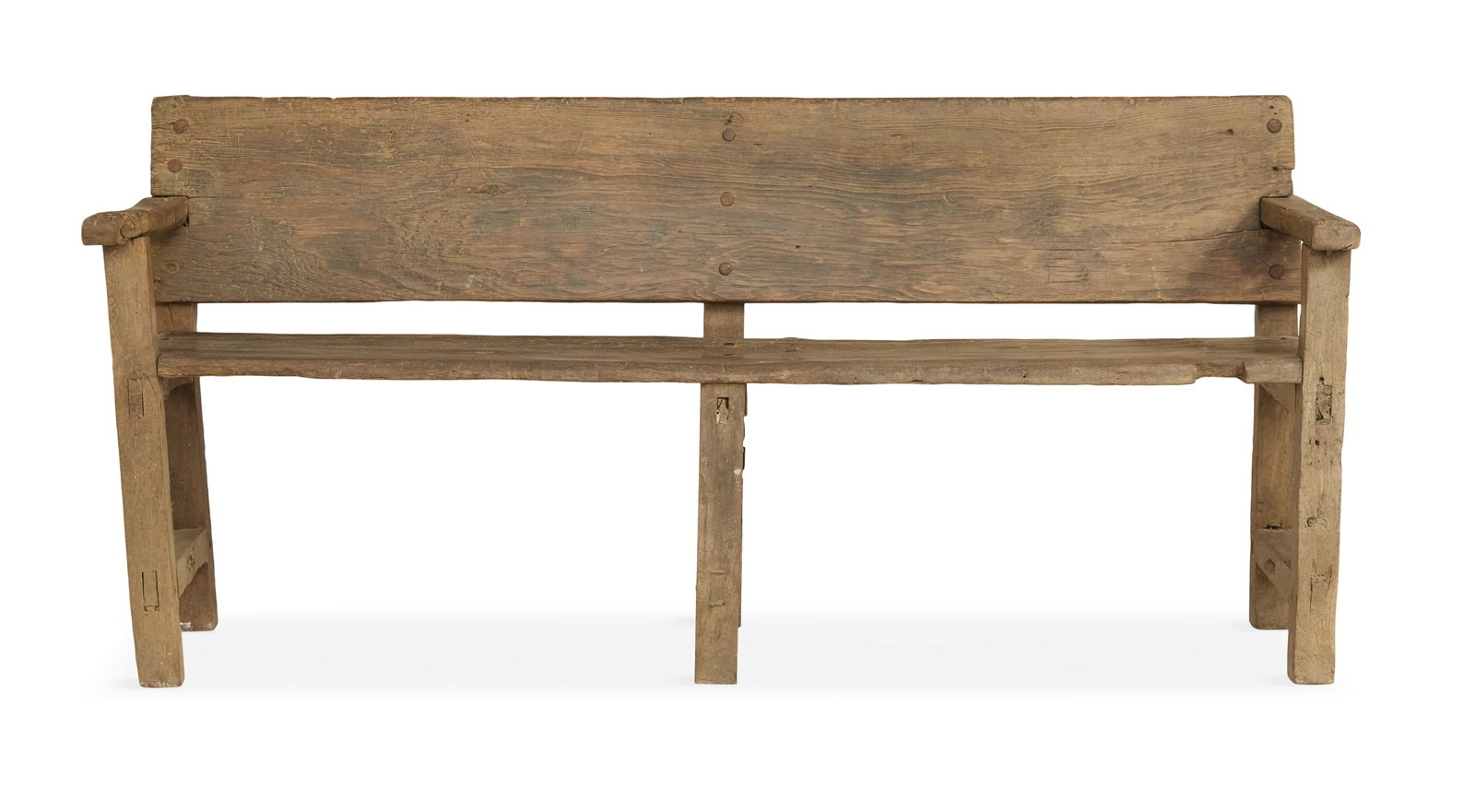Primitive Weathered Cypress Bench: Primitive Weathered Cypress Bench 18th/19th century, with a plank back and seat, the back and leg posts with through mortises. h. 35", seat h. 20-1/2", w. 77", d. 17" Provenance: The Estate of A. Hays