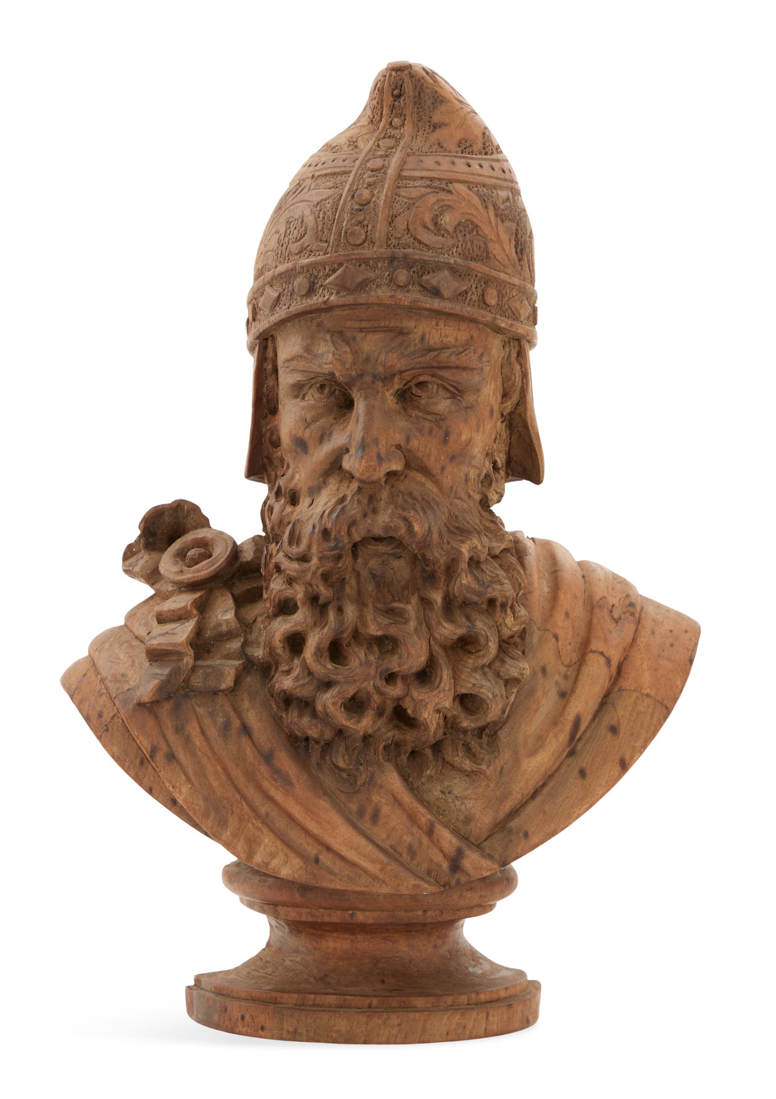 Carved Wooden Bust of King Solomon: Carved Wooden Bust of King Solomon 19th century, depicted in an embroidered cap with a flowing beard, his cloak pinned at one corner. h. 15", w. 8-1/4", d. 4"