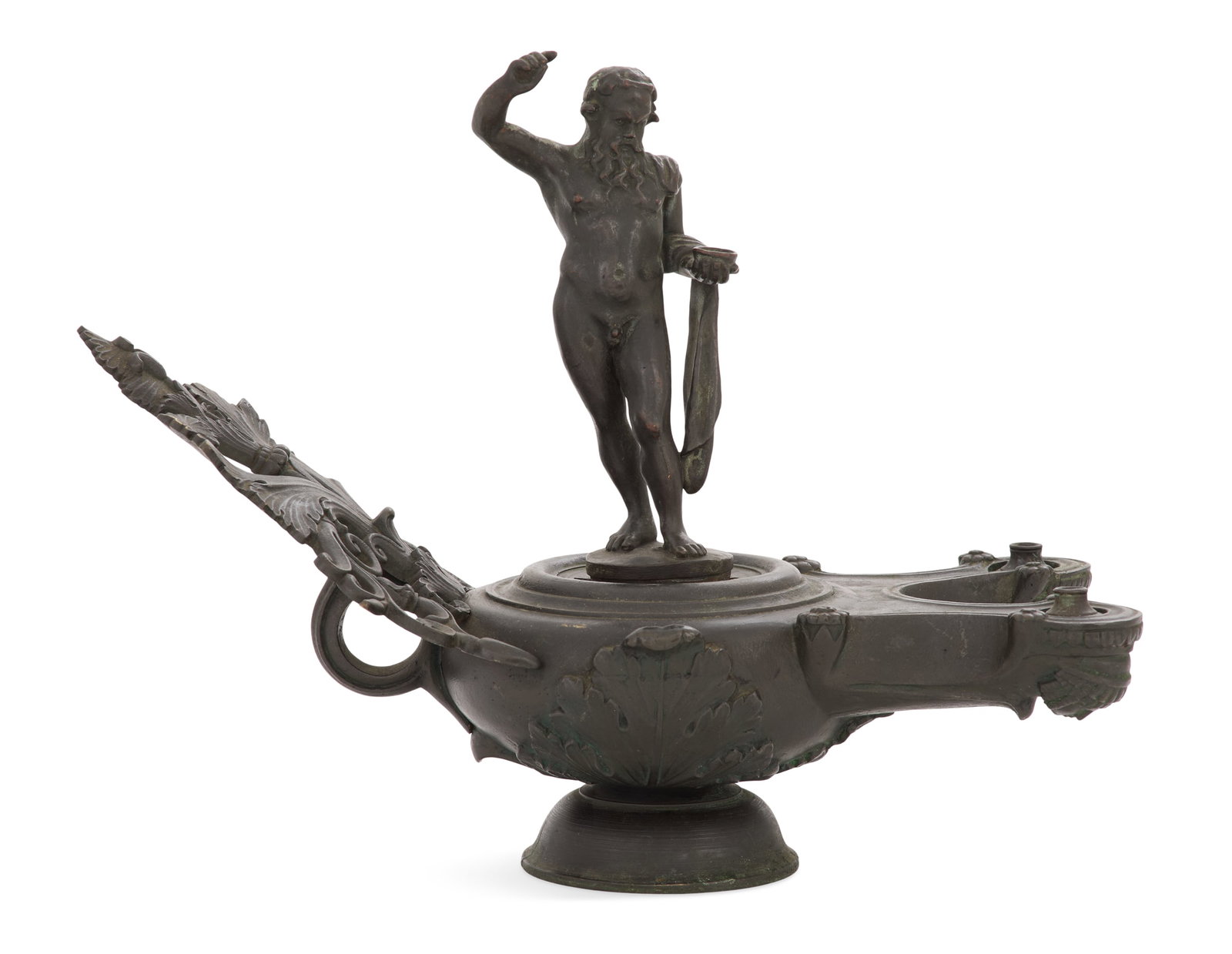 Italian Grand Tour Bronze Double Oil Lamp: Italian Grand Tour Bronze Double Oil Lamp late 19th century, mounted with a figure of the Drunken Silenus, the handle molded with pierced acanthus leaves, on a conical base. h. 9-3/4", w. 11-3/4", d. 