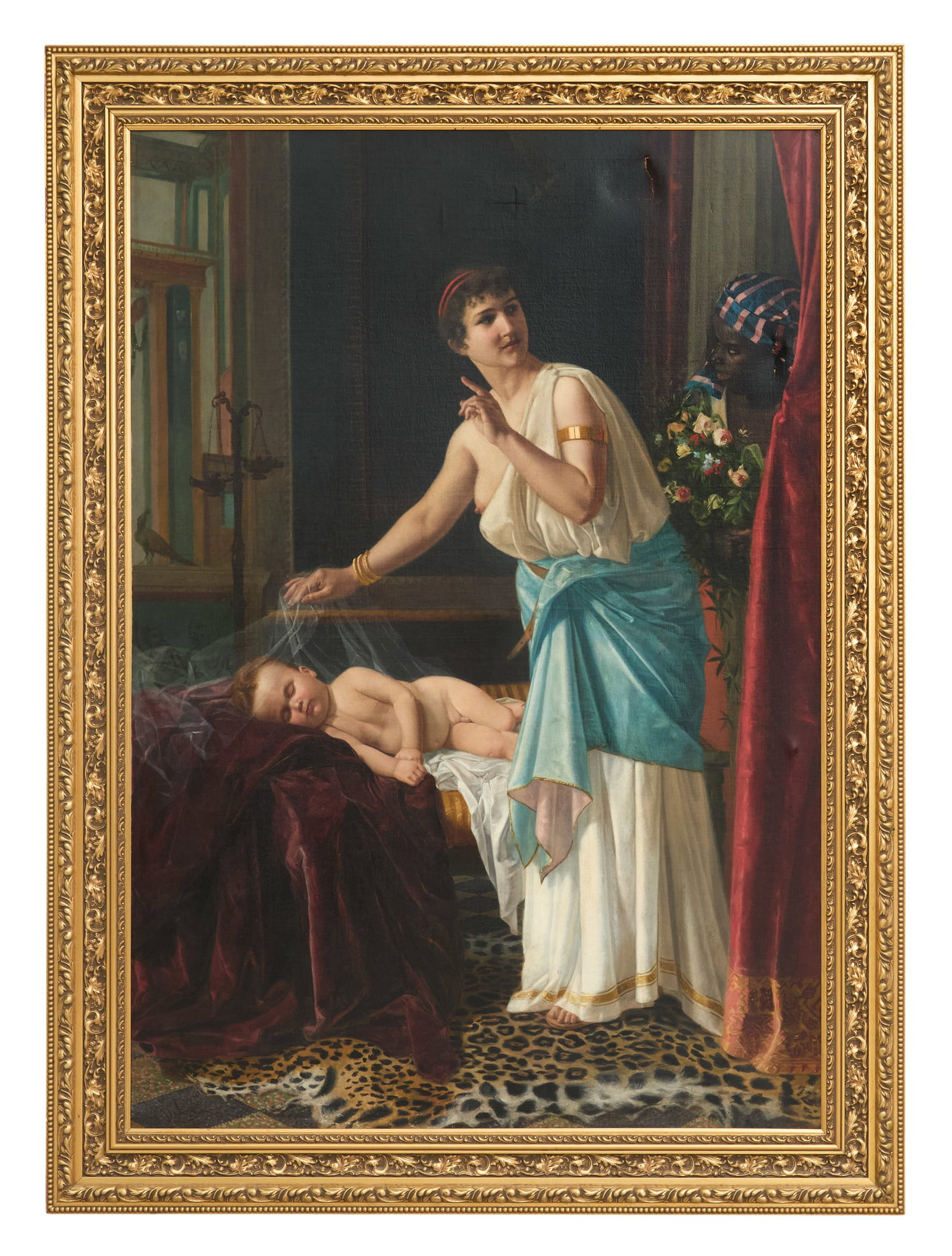 Continental School (19th Century): Continental School 19th Century "Moses and the Pharoh's Daughter", 1892 oil on canvas partially legible signature ("di Loren") and dated lower right. Framed. 79" x 55", framed 92" x 69" Provenance: So