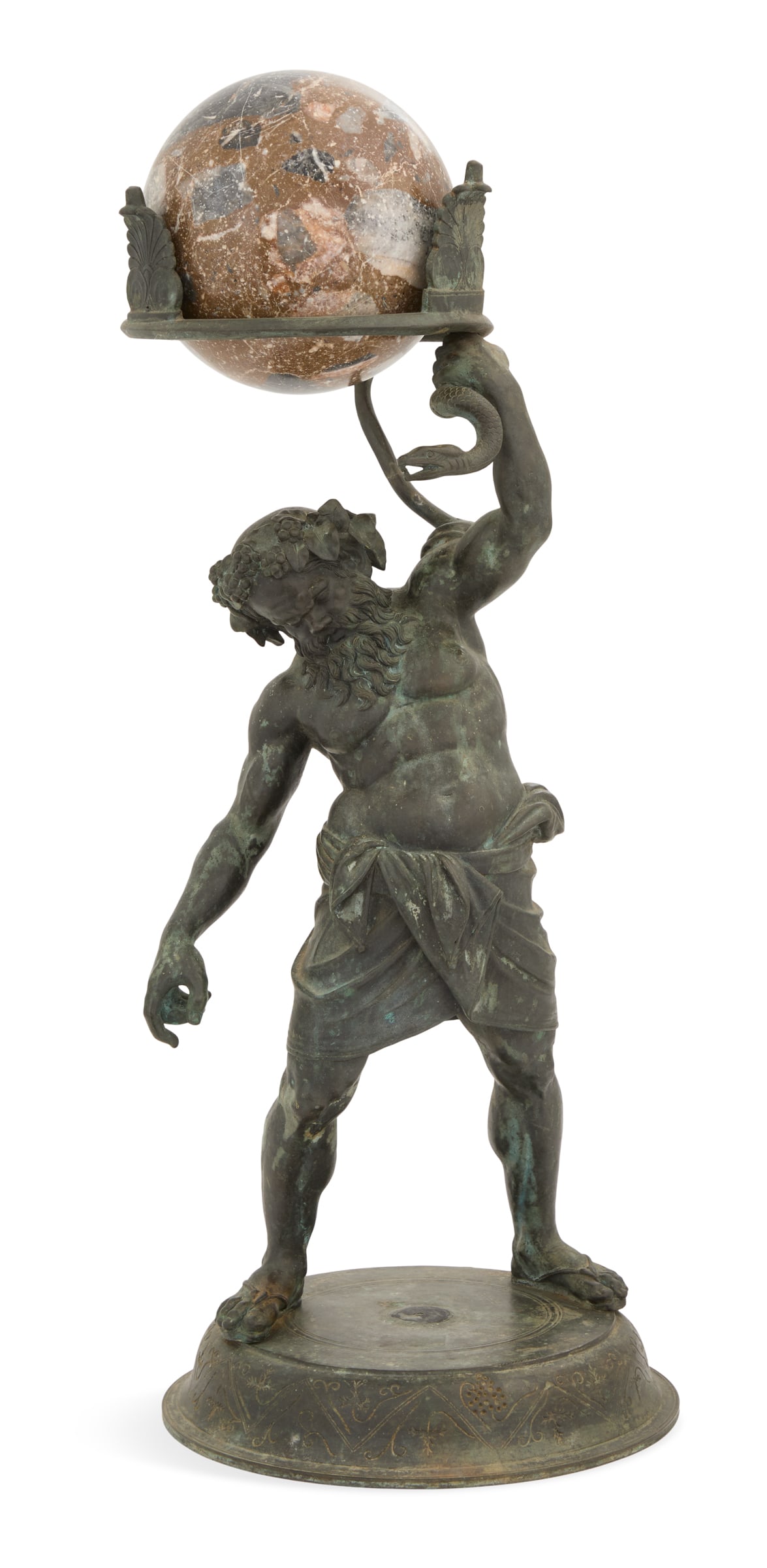 Italian Figure of Silenus Wrestling the Serpent: Italian Bronze and Marble Figure of Silenus Wrestling the Serpent 19th century, the Bacchanalian figure supporting a circular anthemion-trimmed frame set with a marble sphere, after the 1st century BC