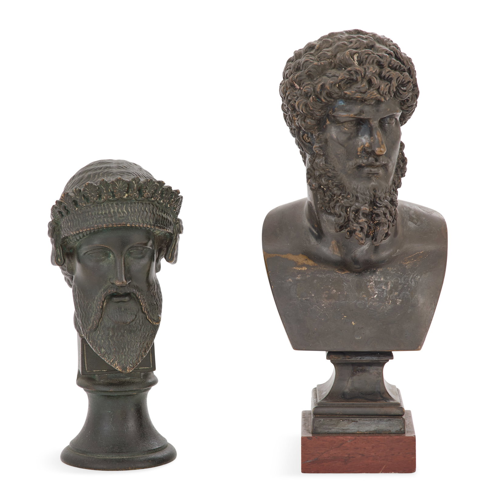 Two Grand Tour Patinated Bronze Busts: Two Grand Tour Patinated Bronze Busts the larger example of Lucius Verus, Emperor of Rome, on a red griotte marble plinth, late 19th century, h. 9-3/4", w. 3-3/4", d. 3", and the smaller example of Ju