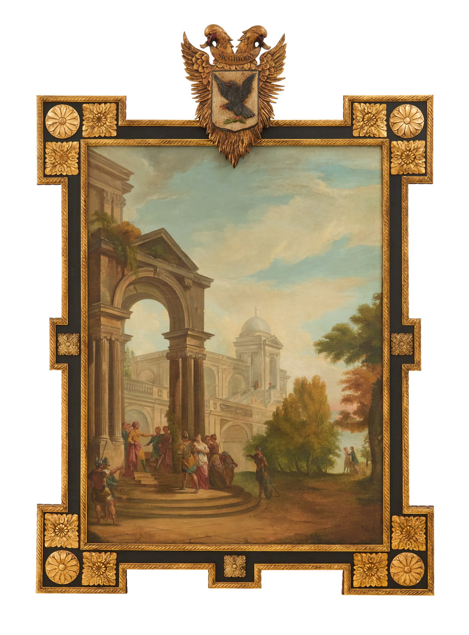 Continental School (18th Century): Continental School 18th Century "Capriccio with Ancient Ruins" oil on canvas unsigned. In a later ornate frame. sight 54" x 48", framed 85" x 63-1/2" Provenance: Kevin Stone Antiques, The Collection o