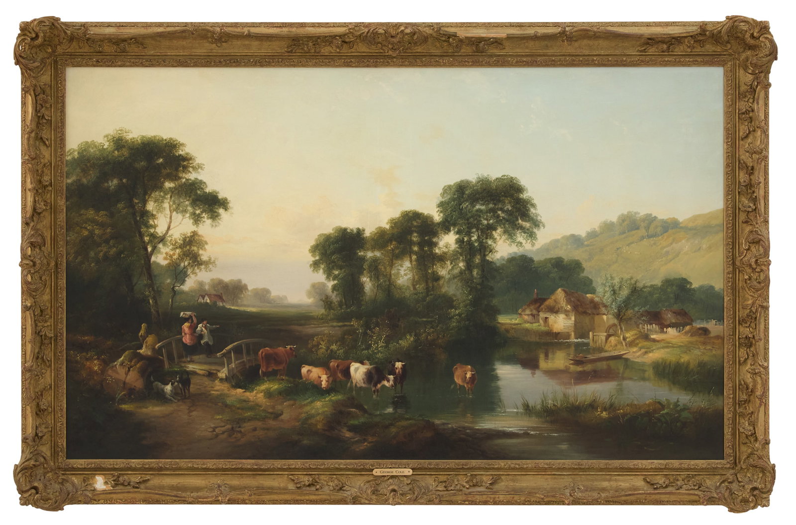 George Cole (British, 1810-1883): George Cole (British, 1810-1883) "Cows by the River Bank" oil on canvas unsigned, an M. Newman Ltd., London, label en verso. Framed with artist plaque. 30" x 50-1/4", framed 36-1/4" x 56-1/4" Provenan