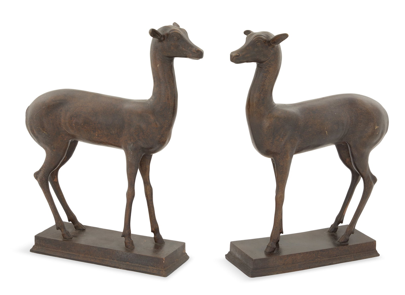 Pair of Italian Patinated Bronze Fawns: Pair of Italian Patinated Bronze Fawns 20th century, the young deer standing on rectangular plinths. h. 21", w. 16", d. 5-1/4"