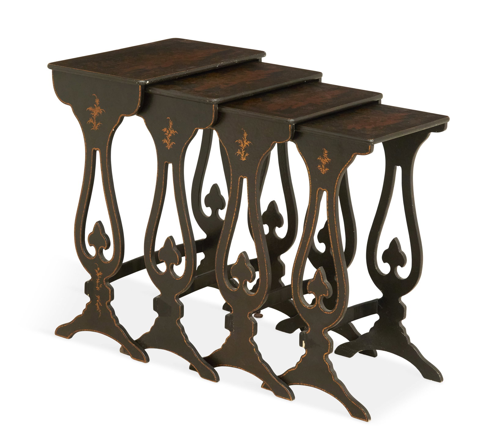 Four Black-Lacquered Chinoiserie Nesting Tables: Four Black-Lacquered Chinoiserie Nesting Tables 20th century, the tops each depicting traditional scenes, raised on trestle-form bases with curved stretchers. largest h. 28", w. 19-1/2", d. 12"