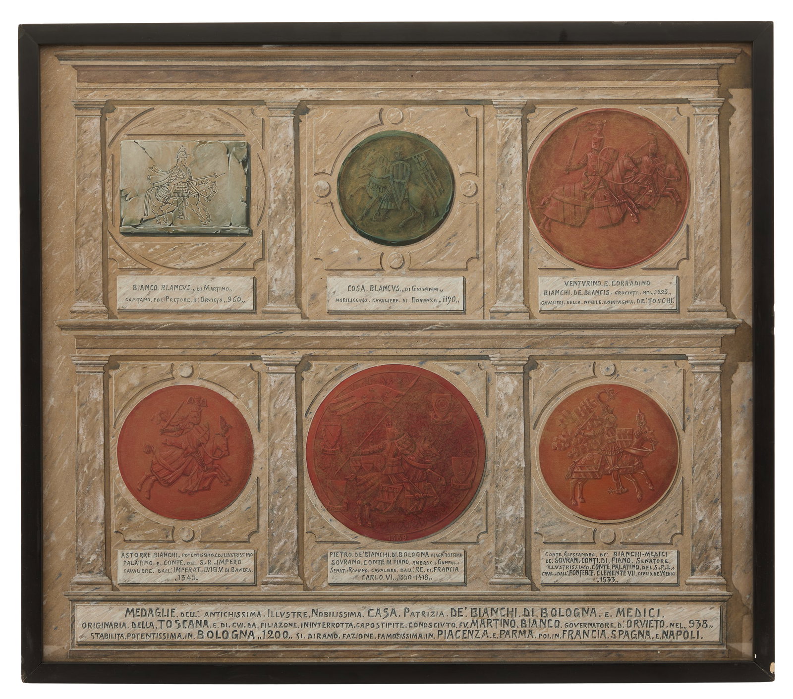 Watercolor and Gouache of Classical Medallions: Watercolor and Gouache of Classical Medallions 19th century, of Italian terracotta, green marble and white marble identified medallions, on a faux marbre architectural ground, in a contemporary black 