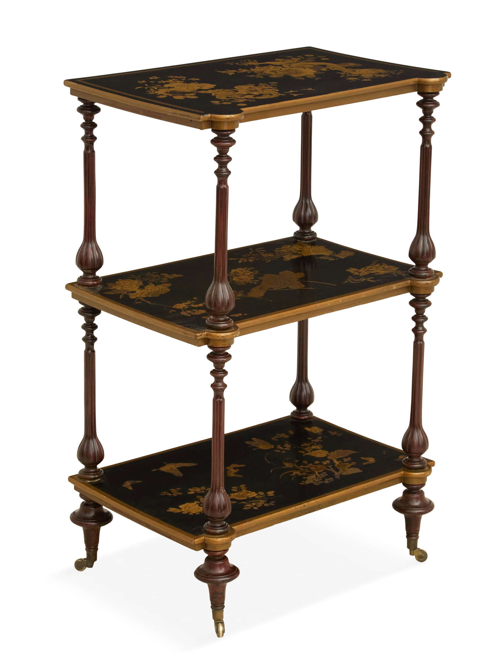 English Chinoiserie and Parcel-Gilt Etagere: English Chinoiserie and Parcel-Gilt Etagere 19th century, each shelf with floral chinoiserie decor, supported by turned and carved mahogany posts. h. 38", w. 24", d. 16-1/2"