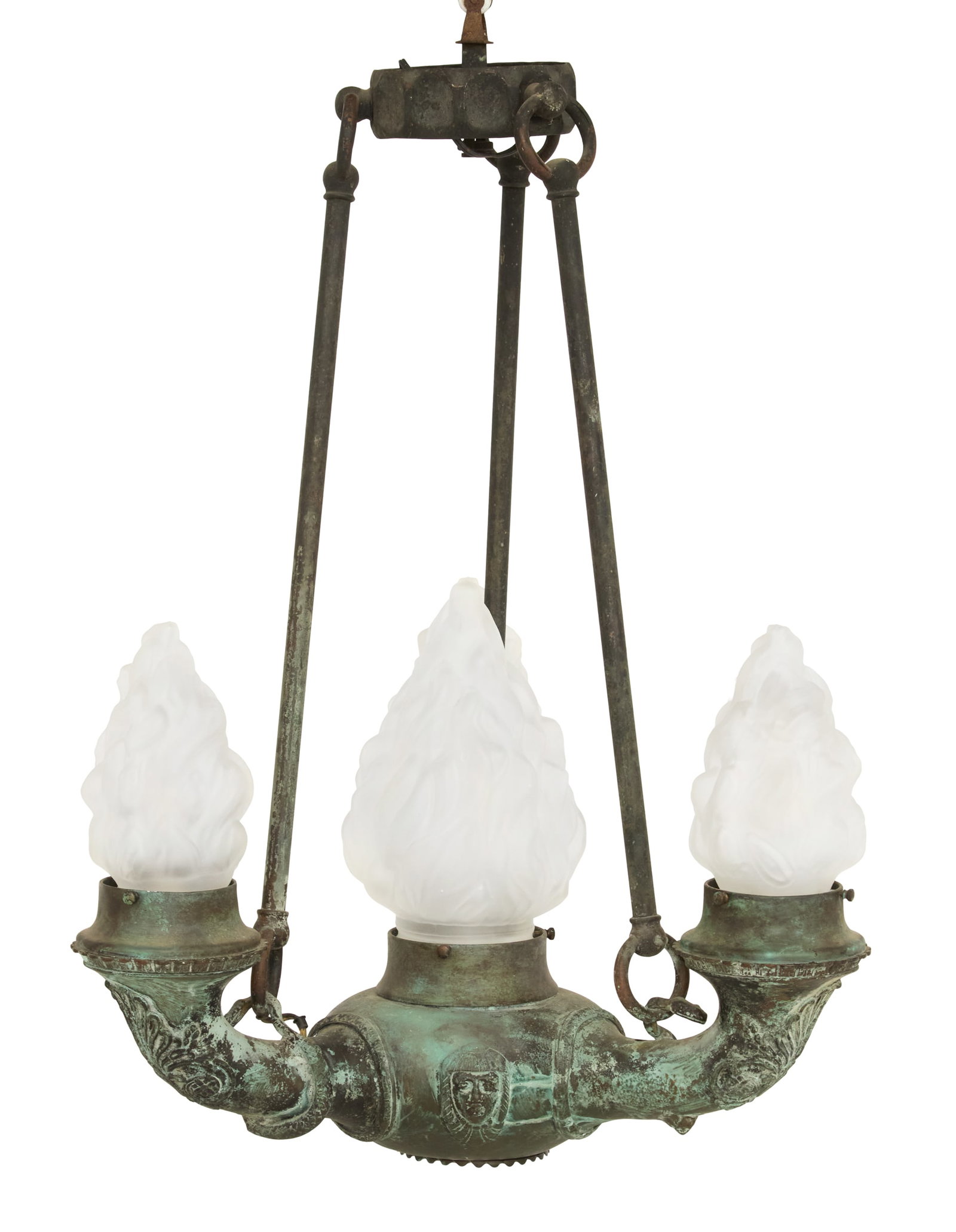 French Bronze Argand-Style Chandelier: French Bronze Argand-Style Chandelier ca. 1900, the rod-form chains supporting the body with serpent-form hooks, the arms with anthemia mounts and the body with Egyptian masques, set with frosted glas