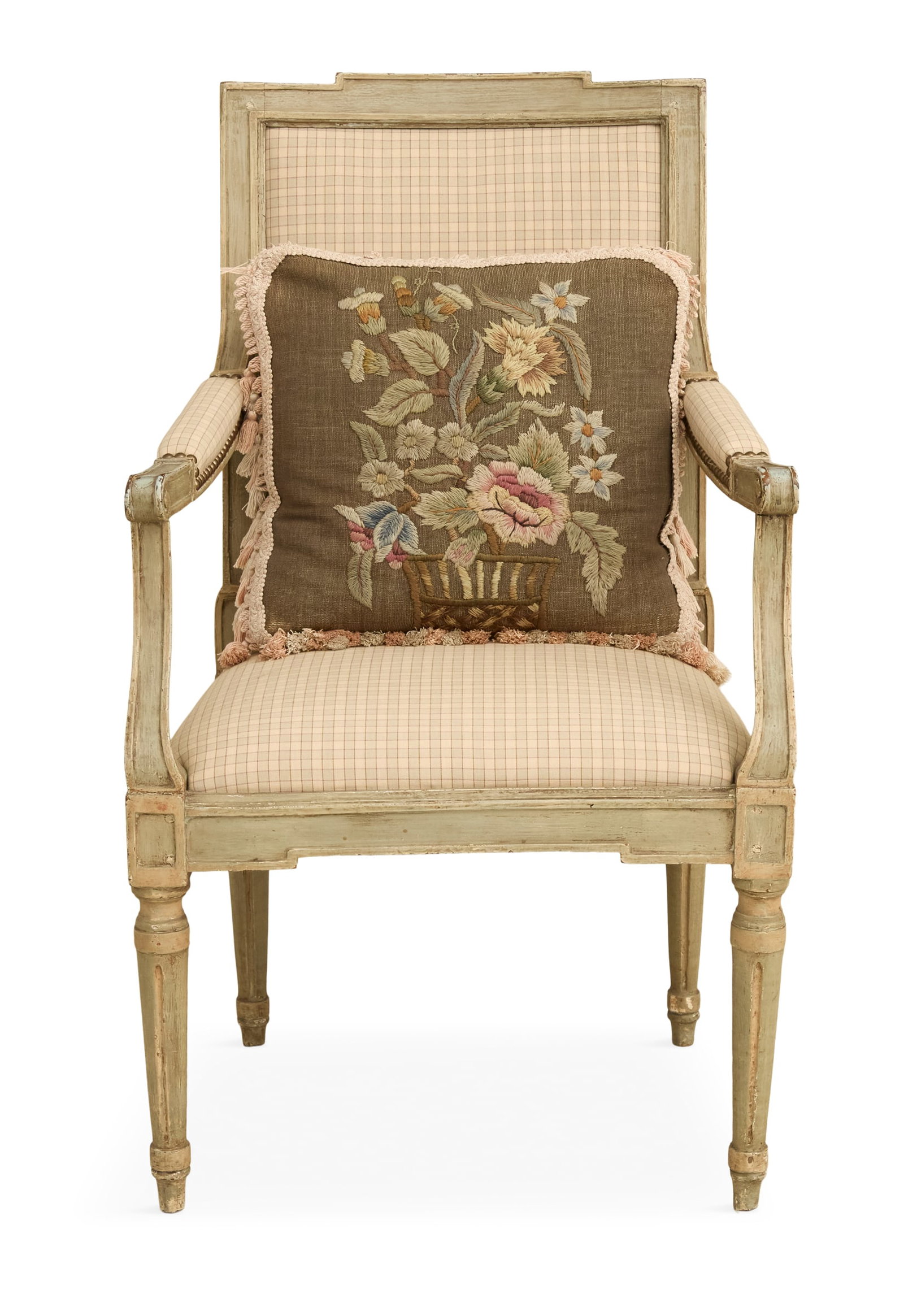 Swedish Gustavian Polychrome Armchair: Swedish Gustavian Polychrome Armchair 18th century, in the neoclassical taste, the padded back with a stepped crest rail, over a padded slip seat and raised on turned and fluted legs ending in toupie 