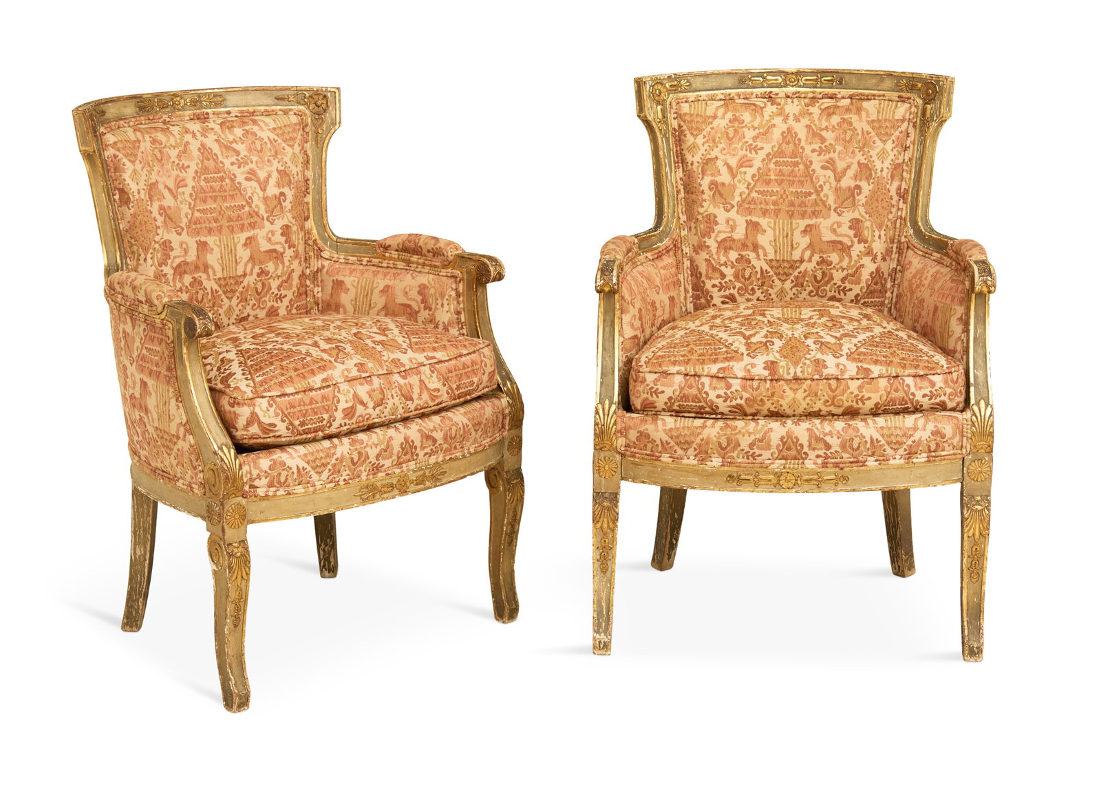 Pair of Empire Polychrome Bergeres: Pair of Empire Polychrome and Parcel-Gilt Bergeres 19th century, each with a curved back, the frame with carved details, loose seat cushion and raised on downswept legs. h. 34-1/4", seat h. 19-1/2", w