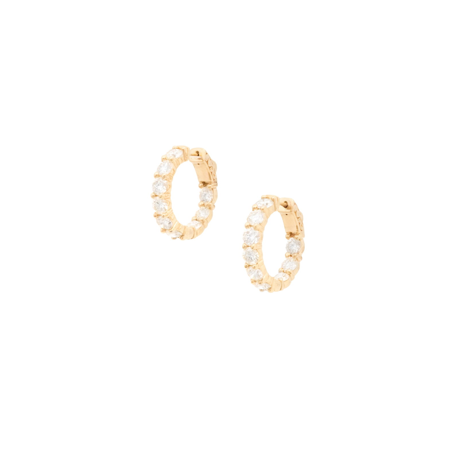 Pair of Diamond Huggies: Pair of Diamond Huggies 14k yellow gold, the inside/outside huggies mounted with round brilliant-cut diamonds weighing approximately 5.00 carats in total. l. 3/4", total weight 8.1 grams